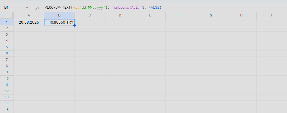 TCMB kur vlookup formülü